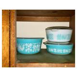 Set of 3 PYREX Amish Butter Print white and turquoise dishes, largest without a lid