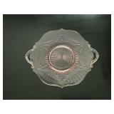 Pink Depression two-handled tray with chip on base