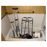 Medical supplies, walker, knee brace, wooden stool, exercise ball