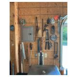 Pry bars, hack saw, vintage lamp holders, draw knife, pipe bender, etc.