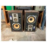 Wooden shelf 46" W x 12" D x 73" T and contents, JVC speakers, stereo equipment