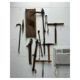 Vintage tools, fence stretcher, kraut cutter, pick axe, crow bar, etc.