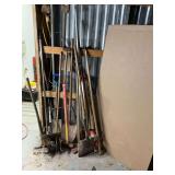 Long handled tools, shovels, pick axe, sledge hammer, pitch fork