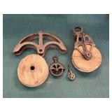 2 Wooden pulleys and pulley parts