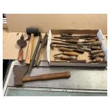 Wooden handled tools, hammers, screwdrivers, hand drill, etc.