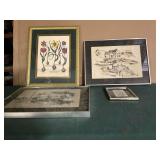 Artwork framed prints, 3 artist signed Quails, up to 24 1/2" x 18 1/2"
