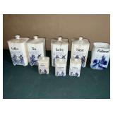 Blue and white canisters, spice jars, salt and pepper