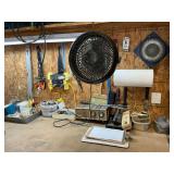 Power strip, hose clamps, tape, level, brushes, fan, 4