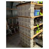 Wood and cinder block shelving, CONTENTS NOT INCLUDED