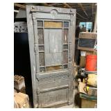 Vintage raised decoration wood door with stained glass