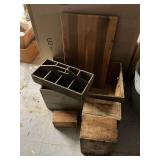 Wooden boxes, some with advertising