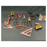Tin snips, combination squares, tire patching tools, laser level, etc.