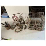 Metal milk crate, pipe vises
