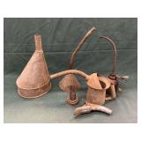 Assortment of oil cans, funnels, spouts, etc.