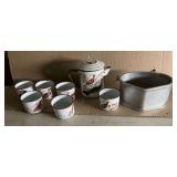 Enamel hand painted coffee pot and cups