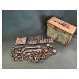 Metal ammo can 11" L x 6" W x 7" T with assortment of sockets 3/8" drive