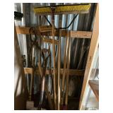 Long handled tools, leaf rake, brooms, shovels