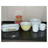 Fire King maple leaf loaf pan, Pyrex bowls, cups