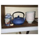 Cast iron tea kettle, dragon, bowls, etc.