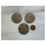 Eisenhower dollars (1) 1971, (2) 1976 and (1) 1959 Roosevelt dime