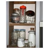 Glass canisters, Tang pitcher, salt & pepper shakers, etc.