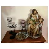Candle holders and statue, brass trivet, etc.