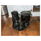 Black graniteware coffee pot, skillet
