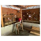 Contents of corner pegboard, 2 metal sawhorses