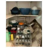 Plasticware, spice jars, pie safe, cake safe, etc.