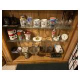 Budweiser stein, coffee mugs, wineglasses