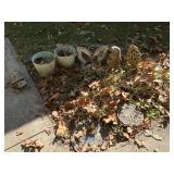 Garden decorations, shepherds hooks, flower pots