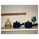 Crock soup bowls, honey pot, pottery stemware with wooden stem.