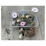 Tote of winter floral picks, tree, angel topper, ribbons, etc.