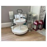 Wood tiered tray, candles, candle holder, etc.
