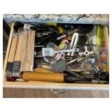 Utensil drawer, spatulas, rolling pin, corn holder