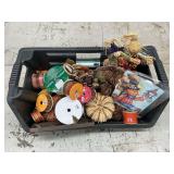 Tote of fall decorations, ribbon, pumpkins, owls, floral, etc.