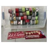 Pair of Christmas signs, red, grey, glitter wired decorative ribbon