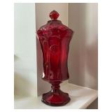 Red coin glass covered candy dish, 13" T.