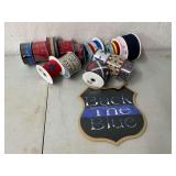 Back the Blue wooden sign, patriotic wired ribbon