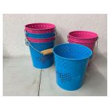 7 metal buckets, pink and blue