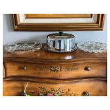 Glass egg plates, cake plate with stainless steel lid.