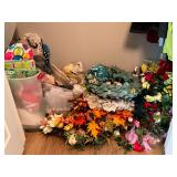 Large assortment of silk and artificial flowers, wreaths