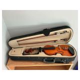 Cecilia violin in case, rosin, missing a string and damage to case