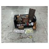 Tote of farmhouse decorations, signs, rooster, ribbon, cross, etc.