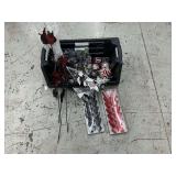 Tote of black, red and white floral picks and ribbons