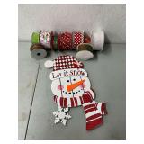 Let It Snow wooden snowman sign, coordinating wired decorative ribbon