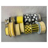 Yellow, white, black, flowers, bees wired decorative ribbon