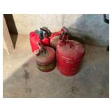 5 gas cans, plastic and metal