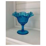 Blue ruffle edge pedestal bowl 5 1/2" T.