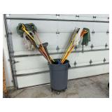 Plastic rolling trash can, assorted rag mops, buffer pads, etc.